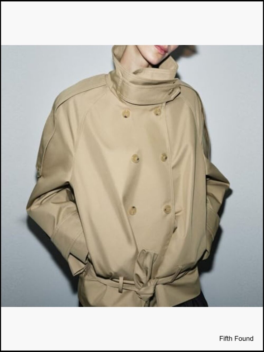 Cropped Double Breasted Trench Coat with Belt, Funnel Neck, Short Jacket - Picture 3 of 7